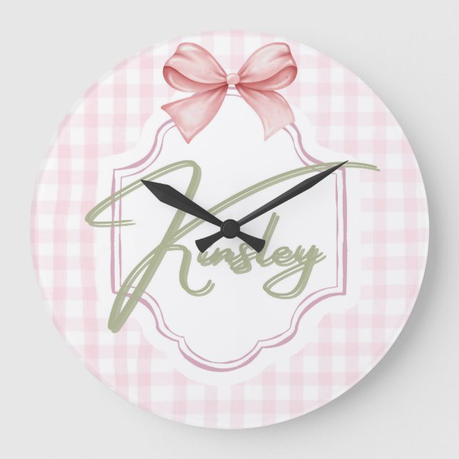 Personalized Kinsley Baby Girl Nursery Bow&Gingham Large Clock (Front)