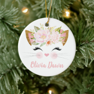 Personalized Kitten Face Girl's Pink Ceramic Tree Decoration