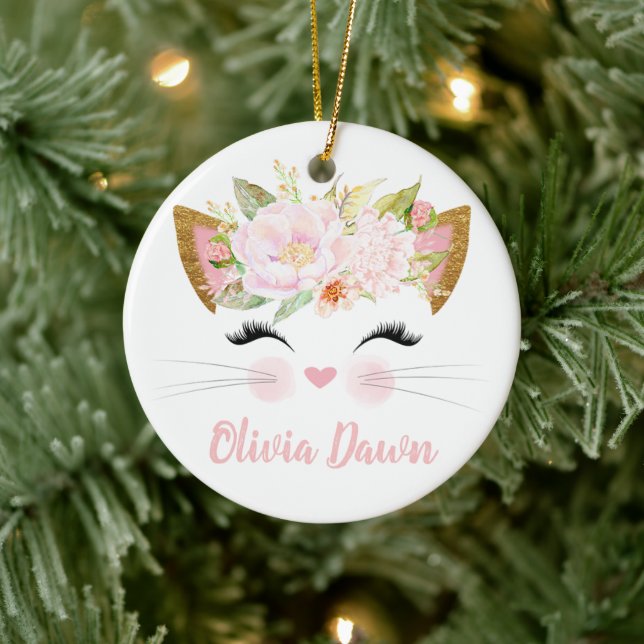 Personalized Kitten Face Girl's Pink Ceramic Tree Decoration (Tree)