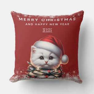 Personalized Kitten Santa Hat Christmas Cushion