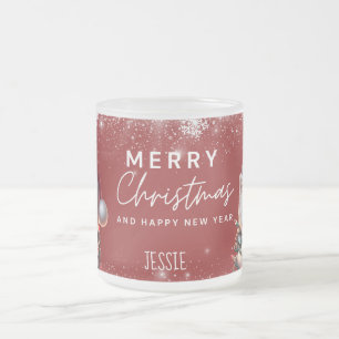 Personalized Kitten Santa Hat Christmas Lights Pet Frosted Glass Coffee Mug