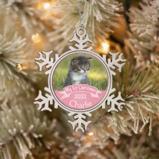 Personalized Kitten's First Christmas Photo Snowflake Pewter Christmas Ornament