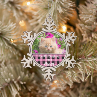 Personalized Kitten's First Christmas Pink Check Snowflake Pewter Christmas Ornament