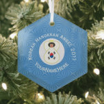 Personalized Korean (South) Angel Hanukkah Flag Glass Tree Decoration<br><div class="desc">Hexagon shaped glass ornament features blue and white squiggly squares for Hanukkah to make up the background for this Republic of Korea flag or South Korean flag angel. Add a name, yours or someone else's for a personalized gift. Customize by adding the correct year for your situation. Designed for your...</div>