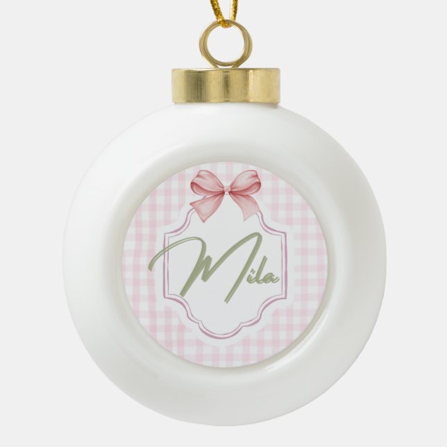 Personalized Lainey Baby Girl Nursery Bow&Gingham  Ceramic Ball Christmas Ornament (Front)