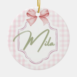 Personalized Lainey Baby Girl Nursery Bow&Gingham Ceramic Tree Decoration