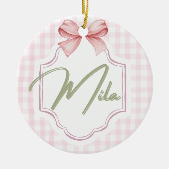 Personalized Lainey Baby Girl Nursery Bow&Gingham  Ceramic Tree Decoration (Front)