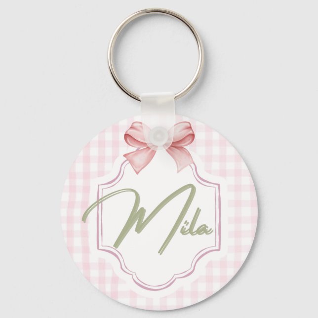 Personalized Lainey Baby Girl Nursery Bow&Gingham  Key Ring (Front)