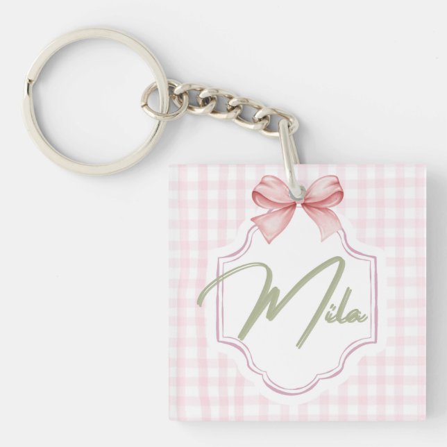 Personalized Lainey Baby Girl Nursery Bow&Gingham  Key Ring (Front)