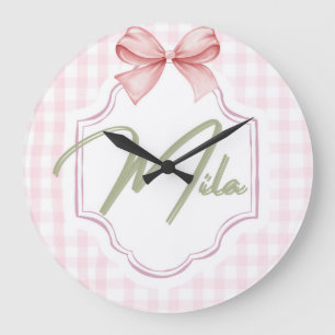 Personalized Lainey Baby Girl Nursery Bow&Gingham  Large Clock