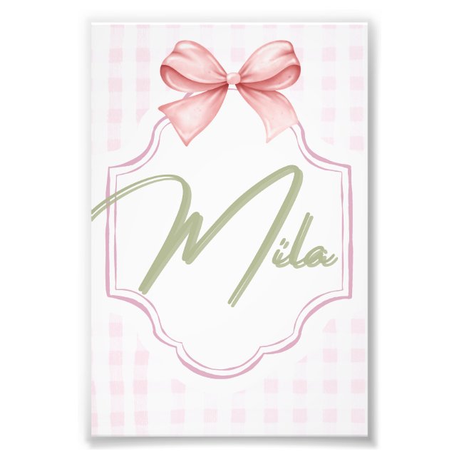 Personalized Lainey Baby Girl Nursery Bow&Gingham  Photo Print (Front)