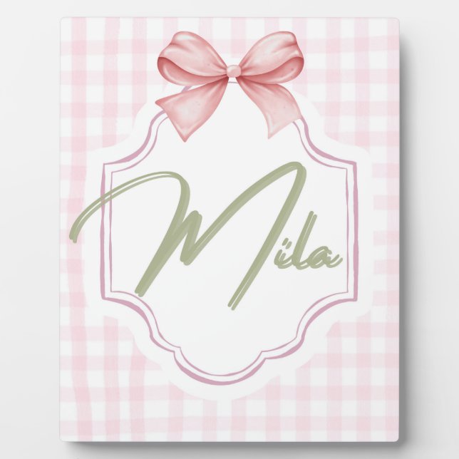 Personalized Lainey Baby Girl Nursery Bow&Gingham  Plaque (Front)