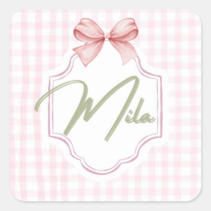 Personalized Lainey Baby Girl Nursery Bow&Gingham Square Sticker