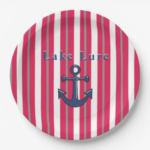 Personalized Lake or Beach Red White Round Paper Plate