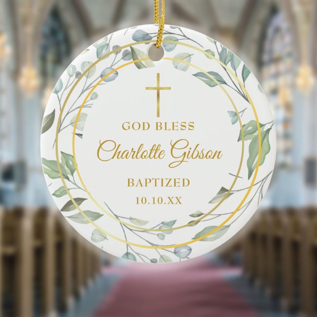 Personalized Laurel Garland Gold Boy Girl Baptism Ceramic Tree Decoration (Creator Uploaded)