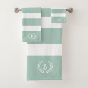 Personalized Laurel Wreath Green & White Stripes Bath Towel Set