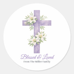 Personalized Lavender Floral Cross Blessed & Loved Classic Round Sticker