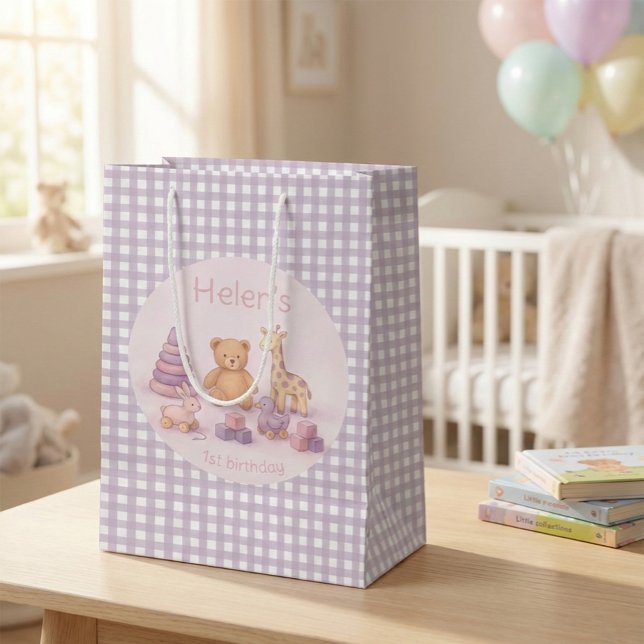 Personalized Lavender Gingham 1st Birthday  Medium Gift Bag (Creator Uploaded)