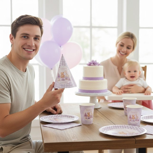 Personalized Lavender Gingham 1st Birthday Paper Party Hat (Creator Uploaded)