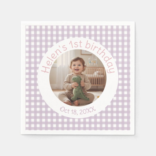 Personalized Lavender Gingham Birthday Photo Napkin (Front)