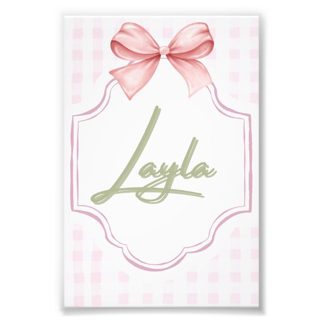 Personalized Layla Baby Girl Nursery Bow&Gingham  Photo Print (Front)