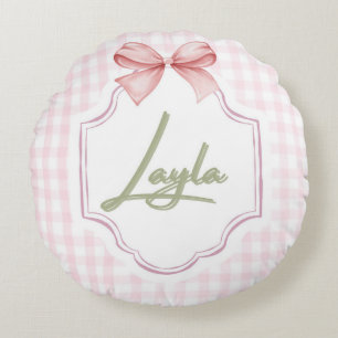 Personalized Layla Baby Girl Nursery Bow&Gingham Round Cushion