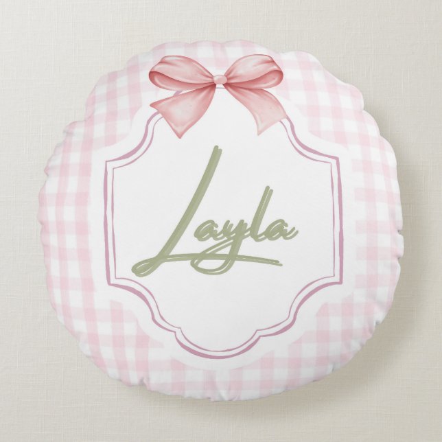 Personalized Layla Baby Girl Nursery Bow&Gingham  Round Cushion (Front)