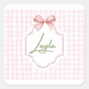 Personalized Layla Baby Girl Nursery Bow&Gingham  Square Sticker