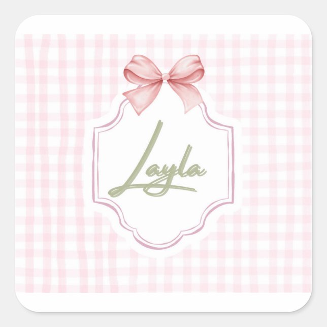 Personalized Layla Baby Girl Nursery Bow&Gingham  Square Sticker (Front)