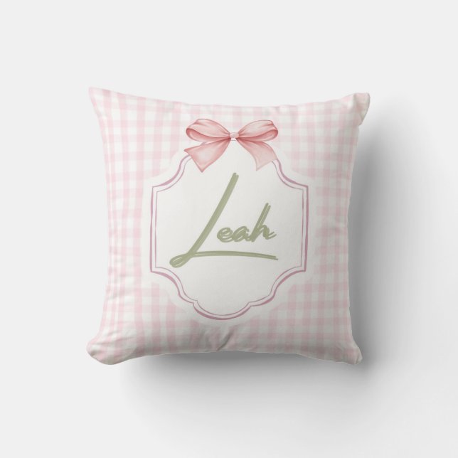 Personalized Leah Baby Girl Nursery Bow&Gingham Cushion (Front)
