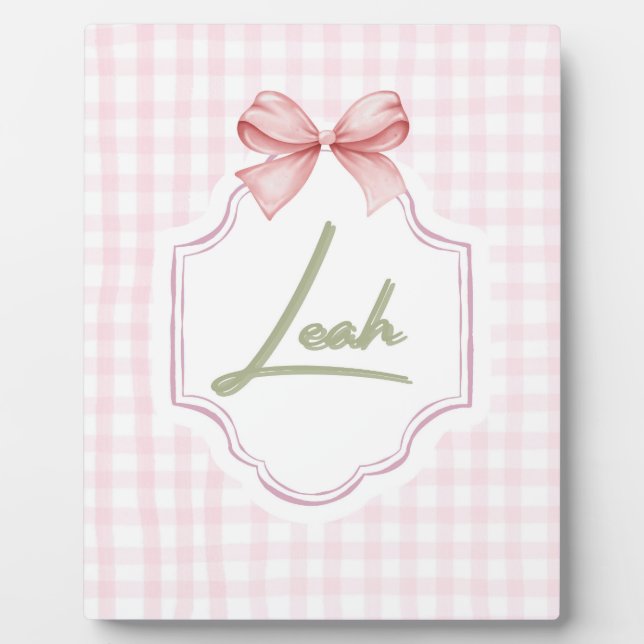Personalized Leah Baby Girl Nursery Bow&Gingham Plaque (Front)