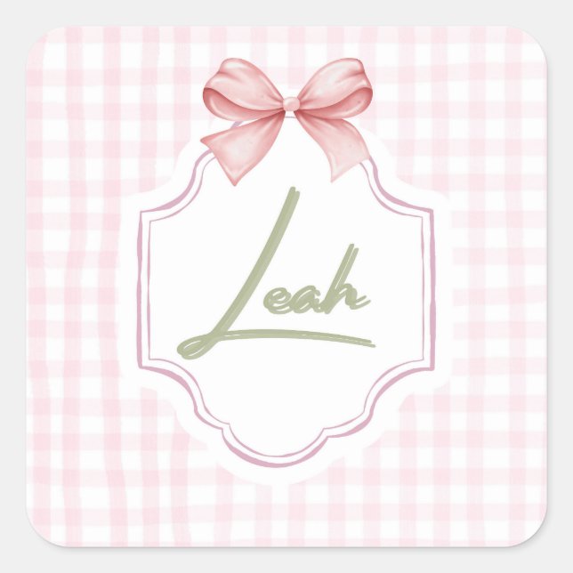 Personalized Leah Baby Girl Nursery Bow&Gingham Square Sticker (Front)