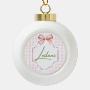 Personalized Leilani Baby Girl Nursery Gingham  Ceramic Ball Christmas Ornament