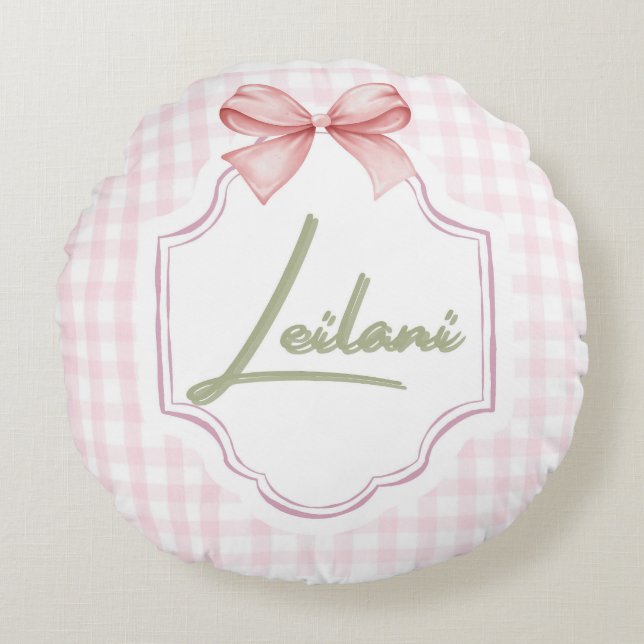 Personalized Leilani Baby Girl Nursery Gingham  Round Cushion (Front)