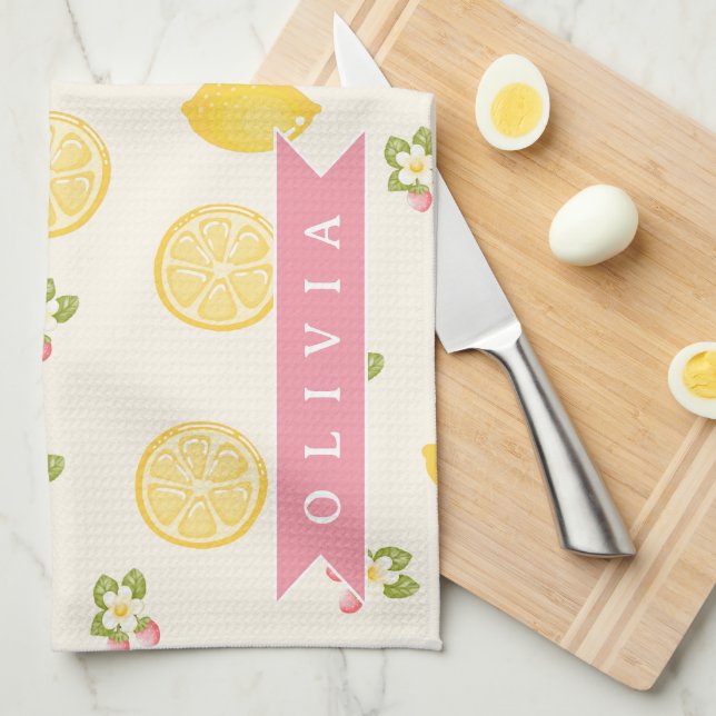Personalized Lemon Floral Summer Custom Name Tea Towel (Quarter Fold)