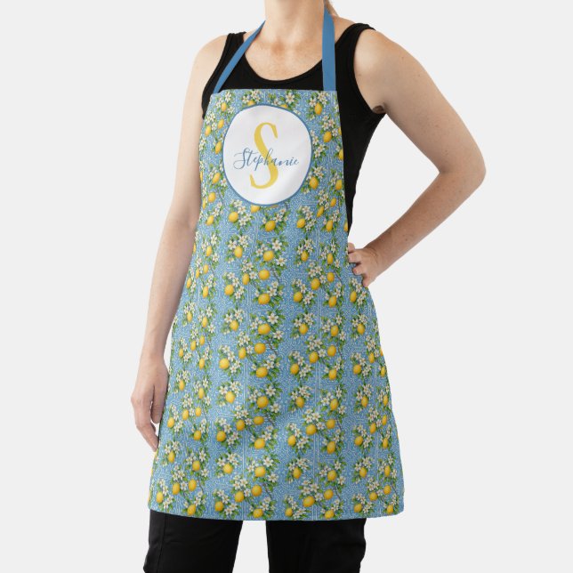 Personalized Lemon Watercolor Blue Tile Pattern Apron (Insitu)