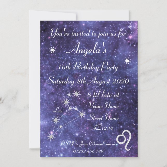 Personalized Leo Zodiac Galaxy Party Invitation (Front)