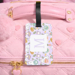 Personalized Letter Tea & Bookish Cat Purple Girly Luggage Tag