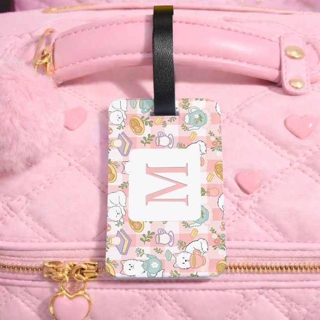 Personalized Letter Tea Bookish Cat Traveler Pink Luggage Tag (Creator Uploaded)