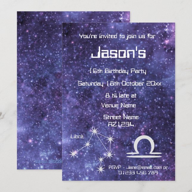 Personalized Libra Zodiac Galaxy Party Invitation (Front/Back)