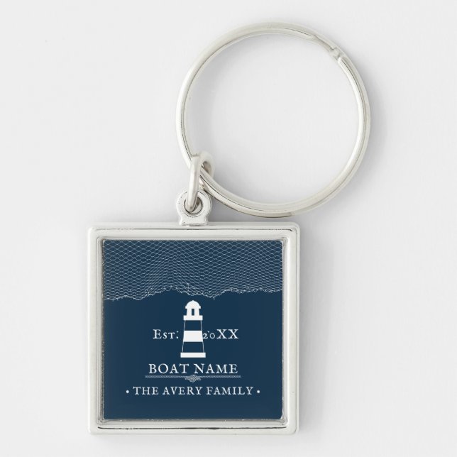 Personalized lighthouse Boat Name Blue Key Ring (Front)