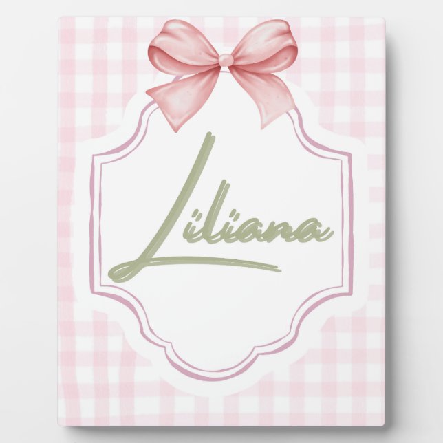Personalized Liliana Baby Girl Nursery Bow&Gingham Plaque (Front)