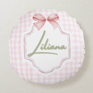 Personalized Liliana Baby Girl Nursery Bow&Gingham Round Cushion