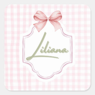 Personalized Liliana Baby Girl Nursery Bow&Gingham Square Sticker