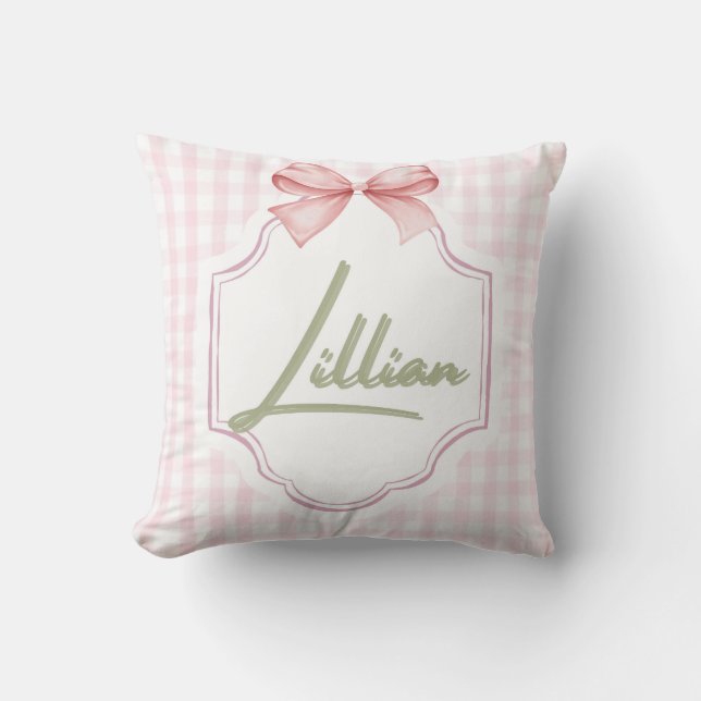 Personalized Lillian Baby Girl Nursery Bow&Gingham Cushion (Front)