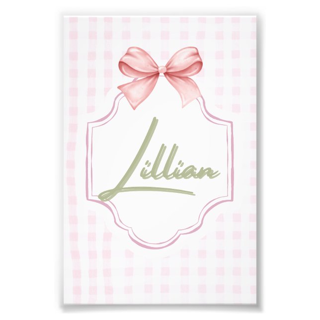 Personalized Lillian Baby Girl Nursery Bow&Gingham Photo Print (Front)