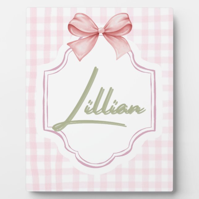 Personalized Lillian Baby Girl Nursery Bow&Gingham Plaque (Front)