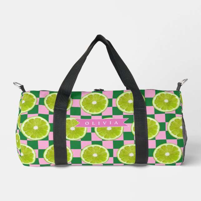 Personalized Lime Gingham Citrus Custom Name Duffle Bag (Front)