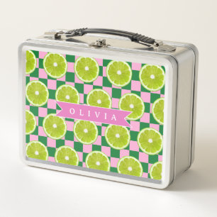 Personalized Lime Gingham Citrus Custom Name Metal Lunch Box