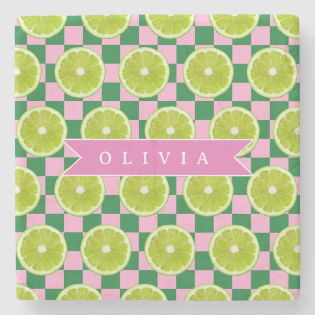 Personalized Lime Gingham Citrus Custom Name Stone Coaster (Front)